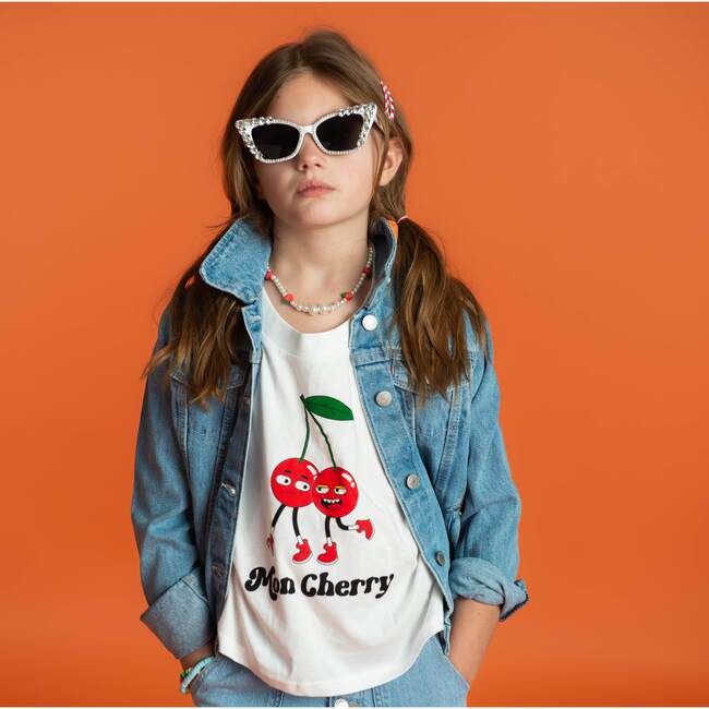 Mon Cherry Print Boxy Oversized Crew Neck Tee, White - T-Shirts - 2