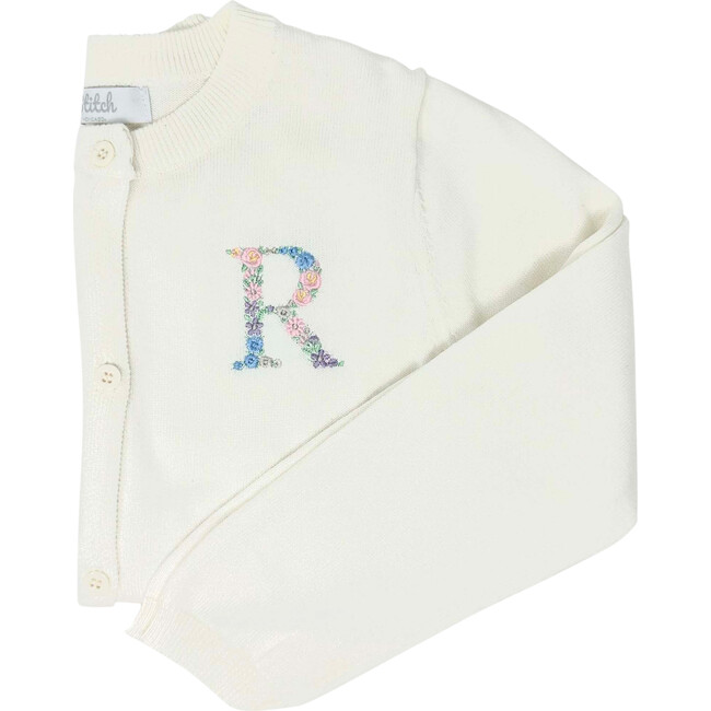 Custom Embroidered Cardigan With Floral Initial, Cream
