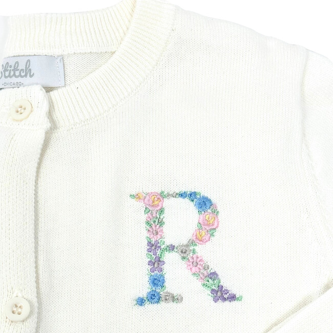Custom Embroidered Cardigan With Floral Initial, Cream - Cardigans - 2