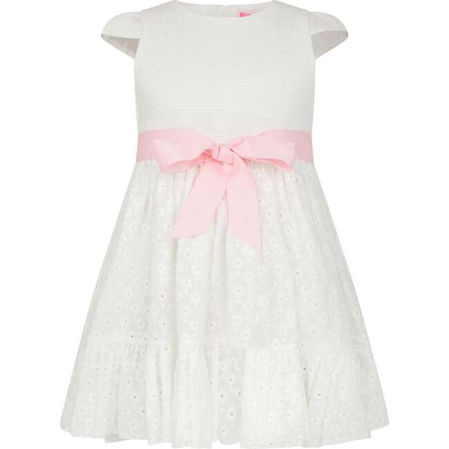 Olivia Embroidered Cotton Flower Girls Dress, White & Pink