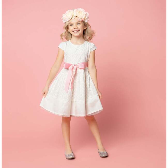 Grace Embroidered Cotton Flower Girls Dress, White & Pink - Dresses - 2