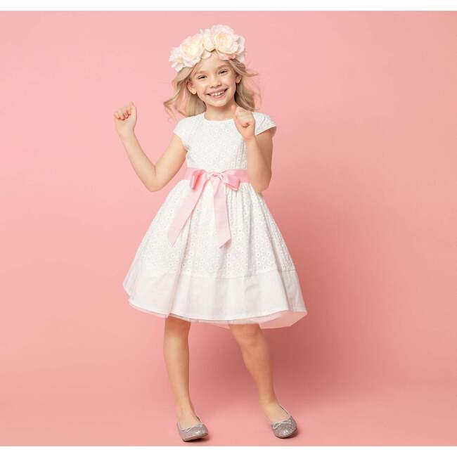 Grace Embroidered Cotton Flower Girls Dress, White & Pink - Dresses - 3