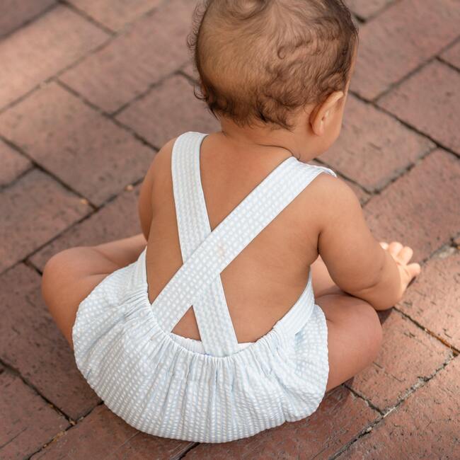 Spencer Criss-Cross Back Strap Seersucker Sunsuit, Bailey's Bay Blue - Onesies - 3