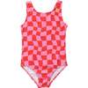 Wavy Scoop Neck Checks Swimsuit, Fuchsia - One Pieces - 1 - thumbnail