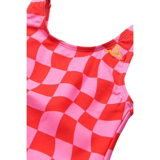 Wavy Scoop Neck Checks Swimsuit, Fuchsia - One Pieces - 2