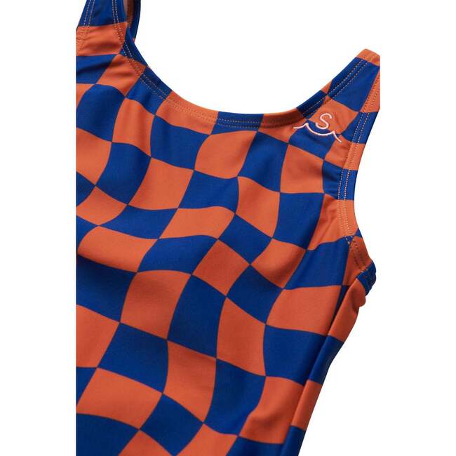 Wavy Scoop Neck Checks Swimsuit, Navy - One Pieces - 2