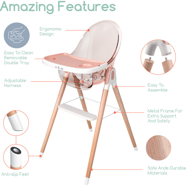 6 in 1 Deluxe High Chair, Pink - Highchairs - 2