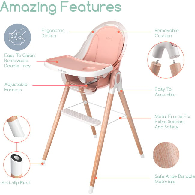 6 in 1 Deluxe High Chair with Cushion, Pink - Highchairs - 2