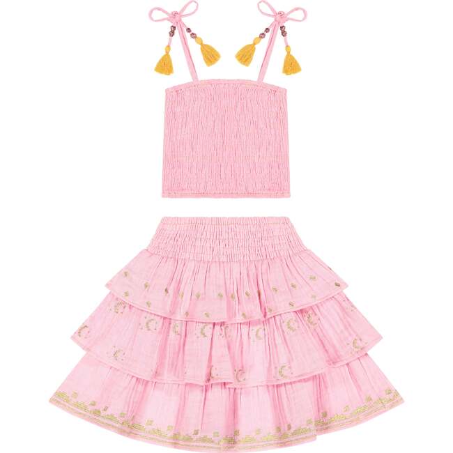 Louisa Smocked Embroidery Top And Skirt Set, Pink And Rose Gold