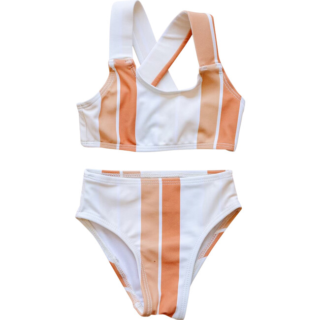 Retro Stripe Cross Back Bikini, White - Two Pieces - 1