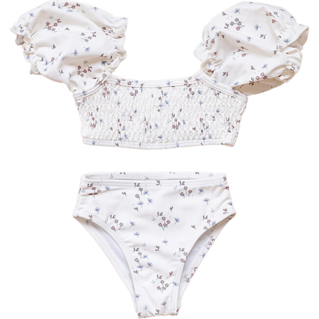 Dainty Floral Smocked Bikini, White - Two Pieces - 1