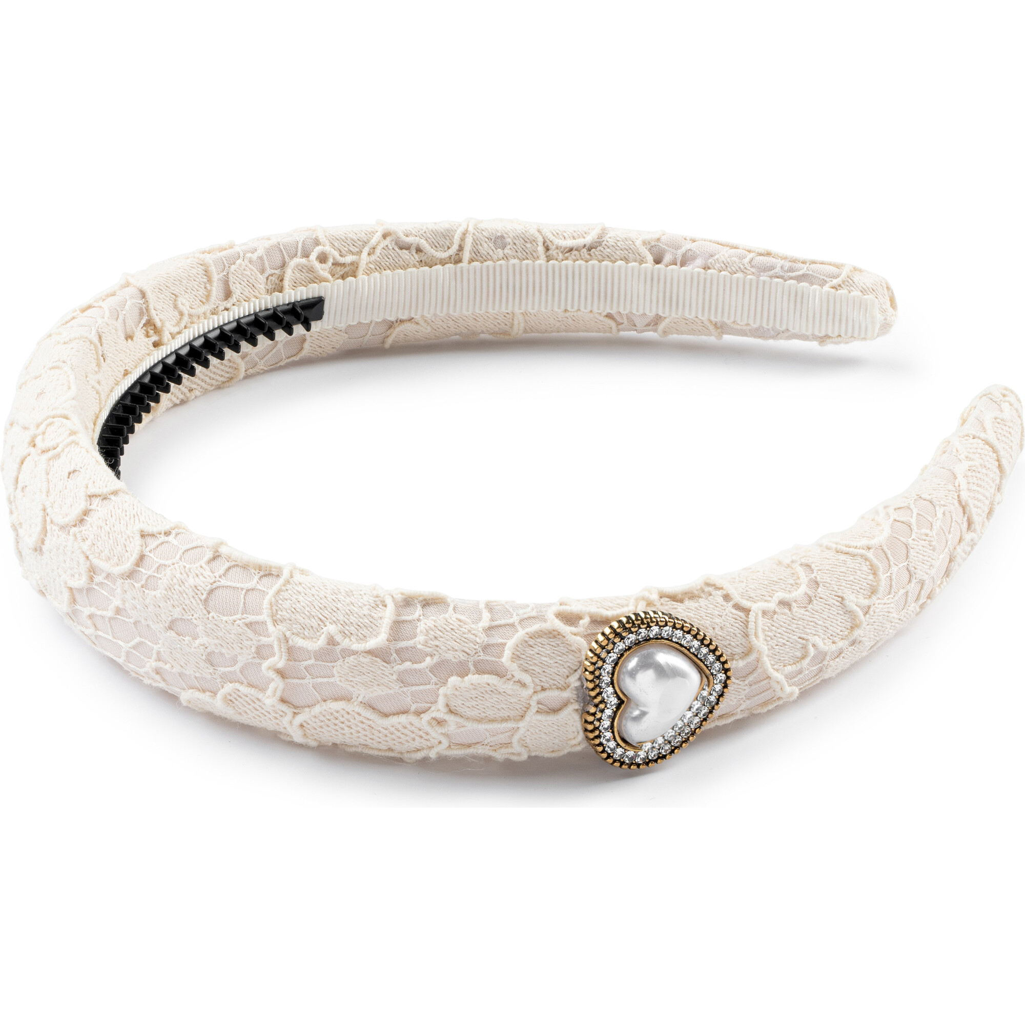 Valentina Lace Heart Embellished Headband, Cream - Hair Accessories - 1