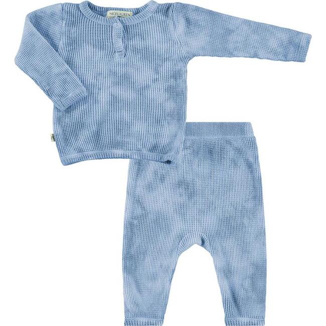 Cozy Tie-Dye Organic Thermal Henley Long Sleeve Tee And Legging Set, Blue - Mixed Apparel Set - 1