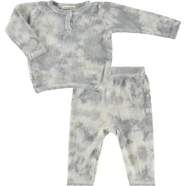 Cozy Tie-Dye Organic Thermal Henley Long Sleeve Tee And Legging Set, Gray - Mixed Apparel Set - 1
