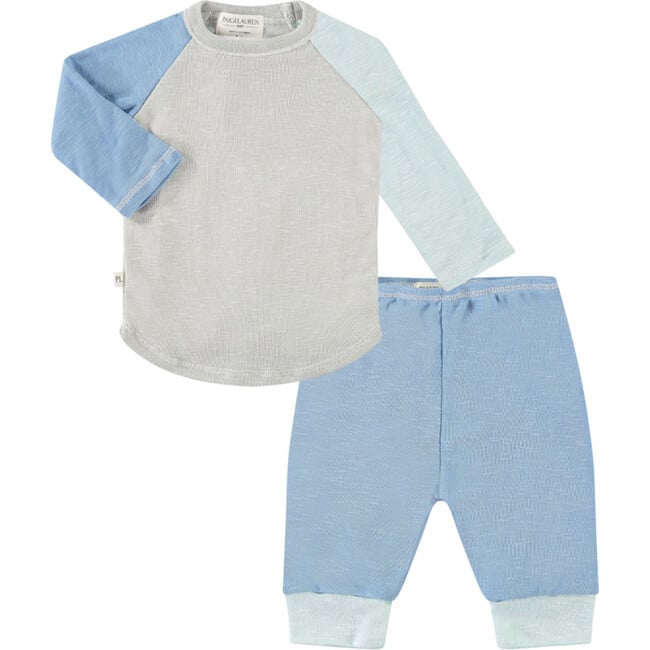 Whimzzz Slub Rib Color Block Baseball Tee And Legging Loungewear Set, Blue And Green
