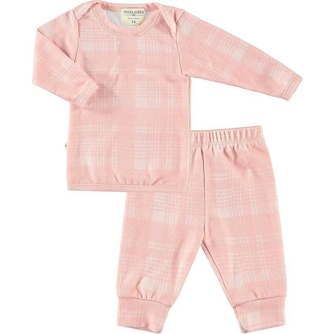 Cozy Hacci Plaid Long Sleeve Lap Tee And Legging Set, Pink