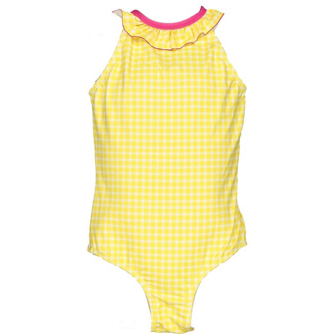 Vichy One-Piece Collared Swimsuit, Yellow And Pink