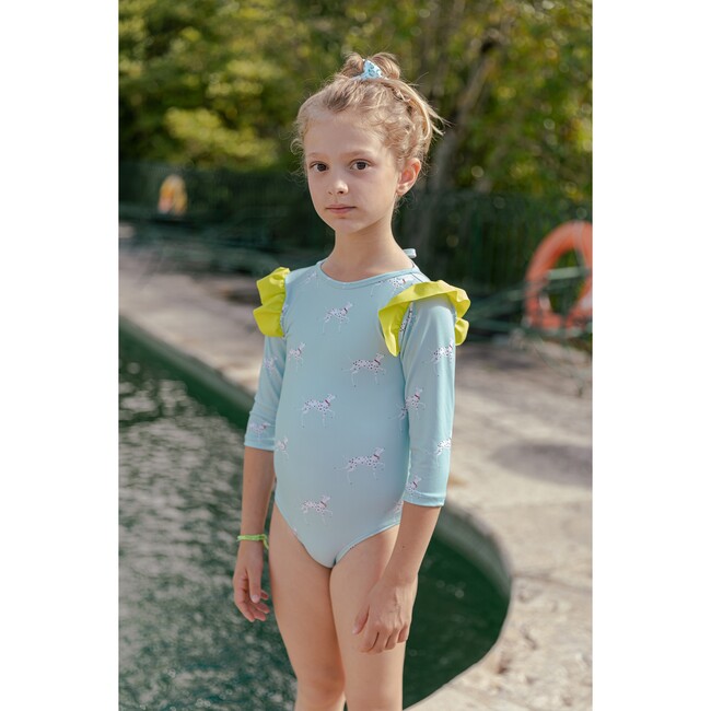 Posh Dalmatian Long Sleeve Rashguard, Aqua Blue And Yellow - Rash Guards - 3