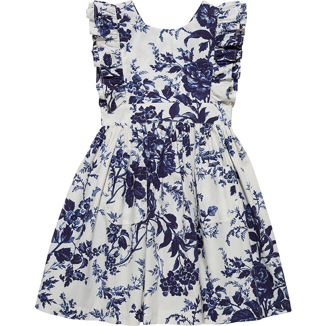 Sage Poplin Ruffle Shoulder Dress, Navy Vintage Floral
