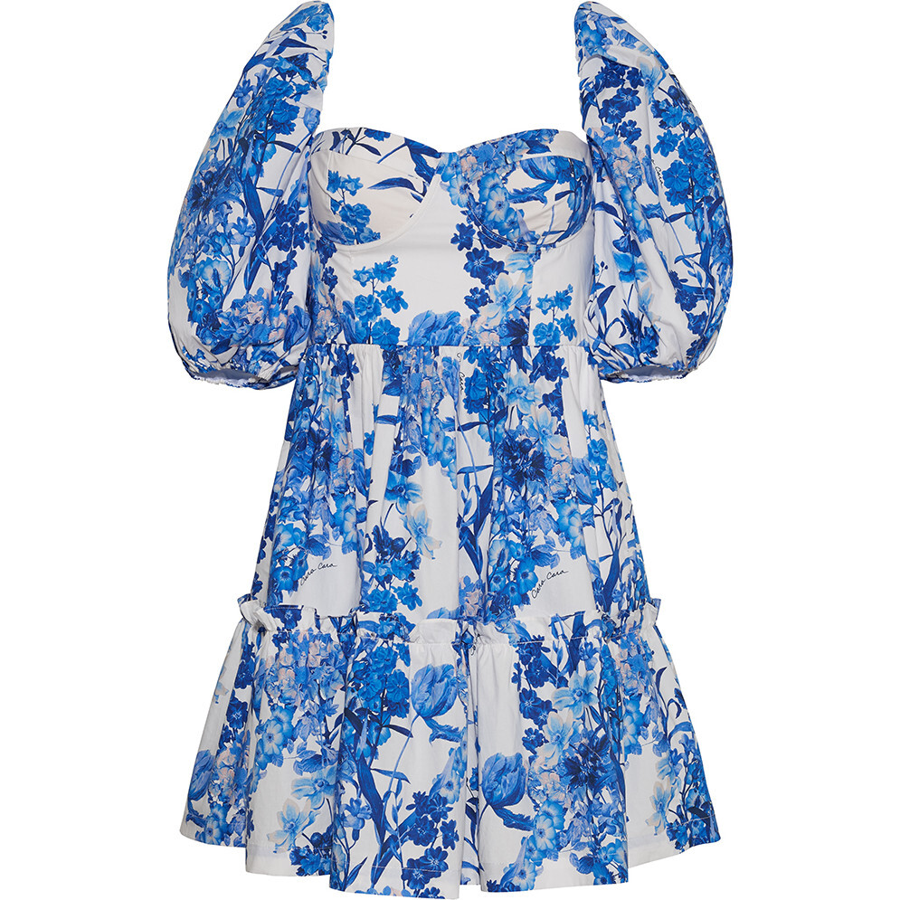 Women's Jessica Bubble Sleeve Smock Dress, Blue Floral Boho - Dresses - 1