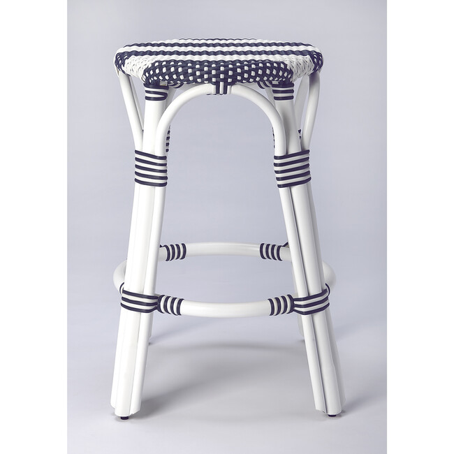 Tobias Rattan Round 24" Counter Stool, White and Navy Stripe - Accent Seating - 2