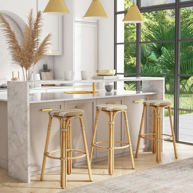 Tobias Round Rattan 30" Bar Stool, Tan and White Stripe - Accent Seating - 2