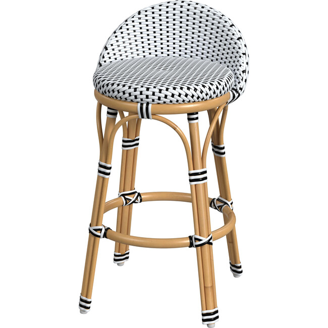 Tobias Outdoor Rattan and Metal Low Back Counter stool, Black and White