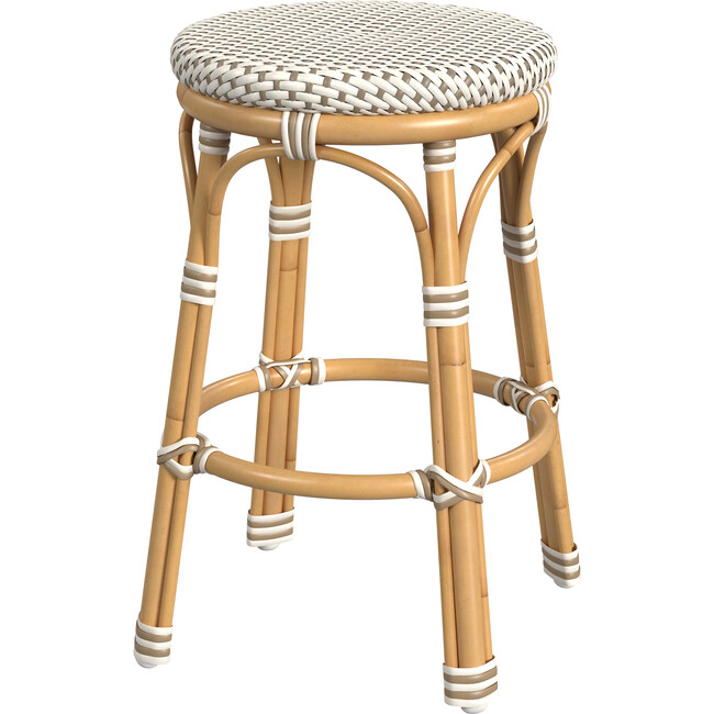 Tobias Outdoor Rattan and Metal Counter Stool, Beige and White