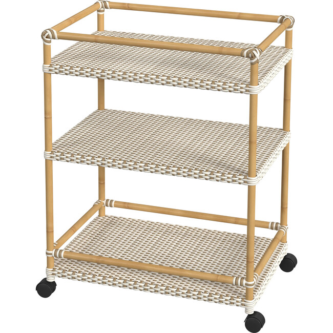 Tobias Outdoor Rattan and Metal 3- Tier Bar Cart, Beige and White