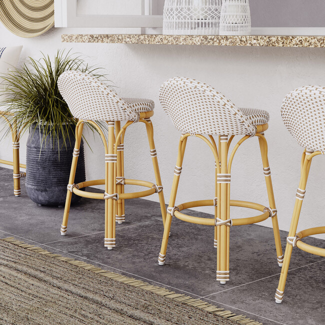 Tobias Outdoor Rattan and Metal Low Back Counter stool, Beige and White - Outdoor Home - 2