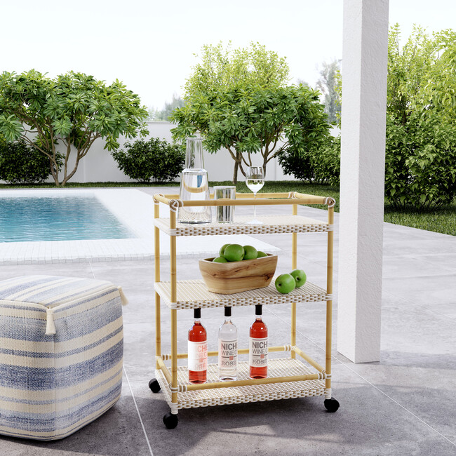 Tobias Outdoor Rattan and Metal 3- Tier Bar Cart, Beige and White - Outdoor Home - 2