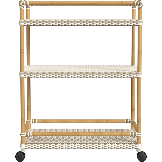 Tobias Outdoor Rattan and Metal 3- Tier Bar Cart, Beige and White - Outdoor Home - 3