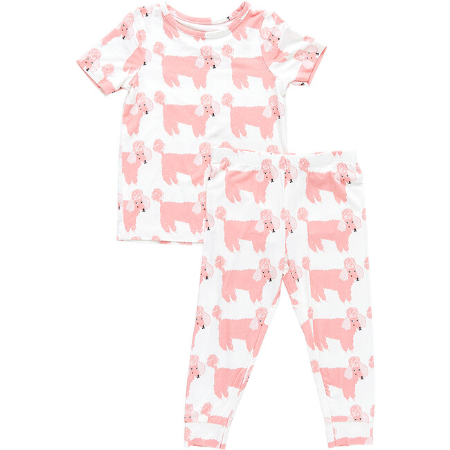 Bamboo Poodle Party Pajama Set, White And Pink