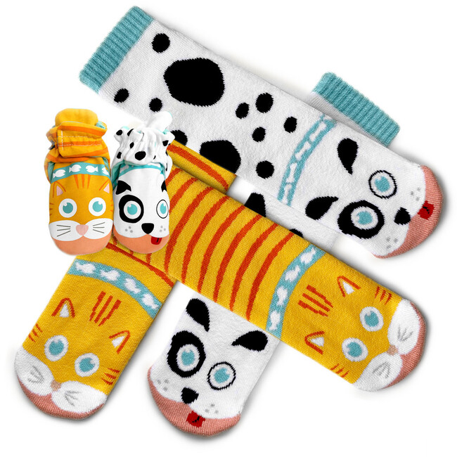 Welcome Tiny Human! New Parents + Baby Cat and Dog Socks and Booties Gift Bundle by Pals (3 Pairs)
