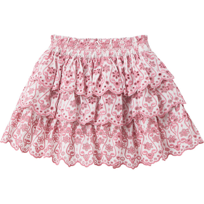 Margaux 3-Tired Ruffle Embroidered Skirt, Pink