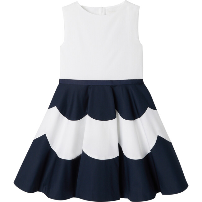 Sateen Flared Base Dress, White And Navy Blue - Dresses - 1