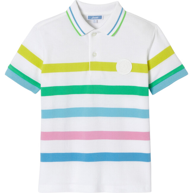 Ribbed Collar Striped Polo Shirt, White And Multicolors - Polo Shirts - 1