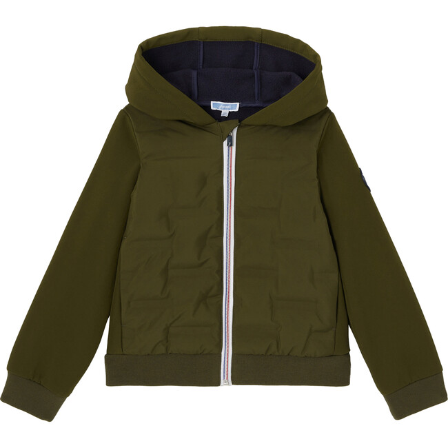 Zip-Up Hooded Sweatshirt With Neoprene Back And Sleeves, Khaki - Shirts - 1