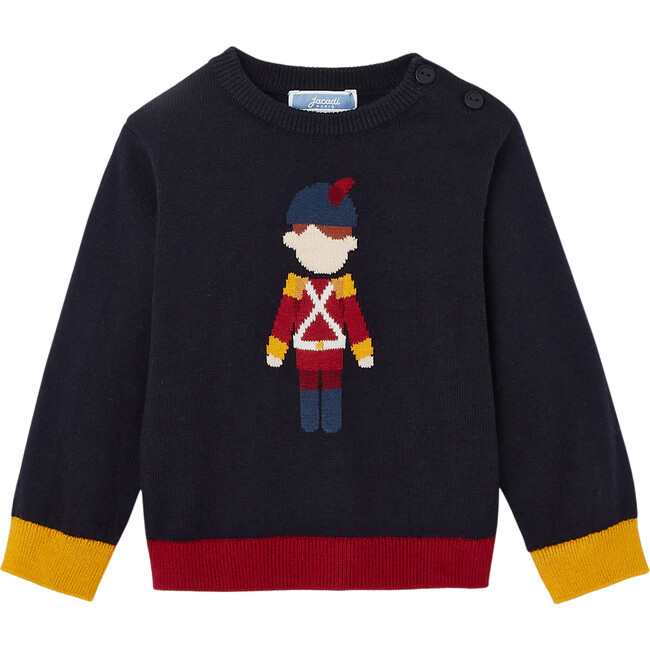 Intarsia Pattern Contrast Cuff Sweater, Navy Blue - Sweaters - 1