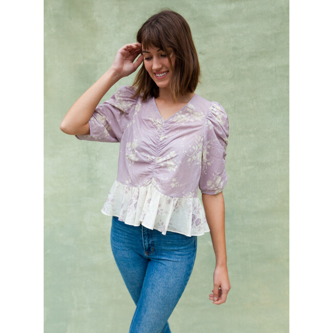 Women's Charley Cinched Puff Sleeve Blouse, Lilac & Ivory Floral - Blouses - 2