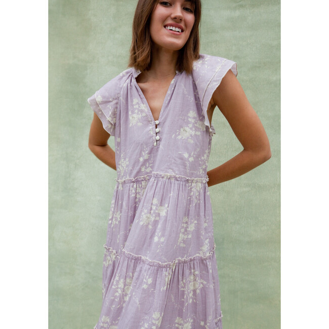 Women's Aimee Ruffled Collar Flutter Sleeve Maxi Dress, Lilac & Ivory Floral - Dresses - 4