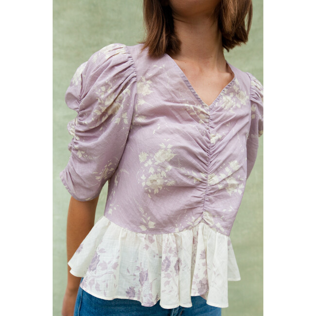 Women's Charley Cinched Puff Sleeve Blouse, Lilac & Ivory Floral - Blouses - 3