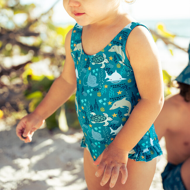 Ocean Friends Ruffle Leg One-Piece Swimsuit, Blue - One Pieces - 3