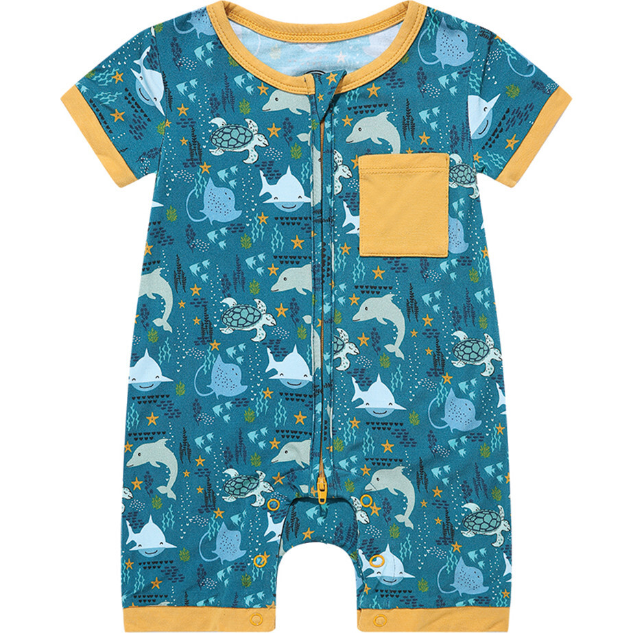 Ocean Friends Bamboo Shortie Romper, Blue - Rompers - 1