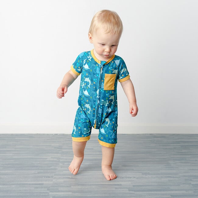 Ocean Friends Bamboo Shortie Romper, Blue - Rompers - 2