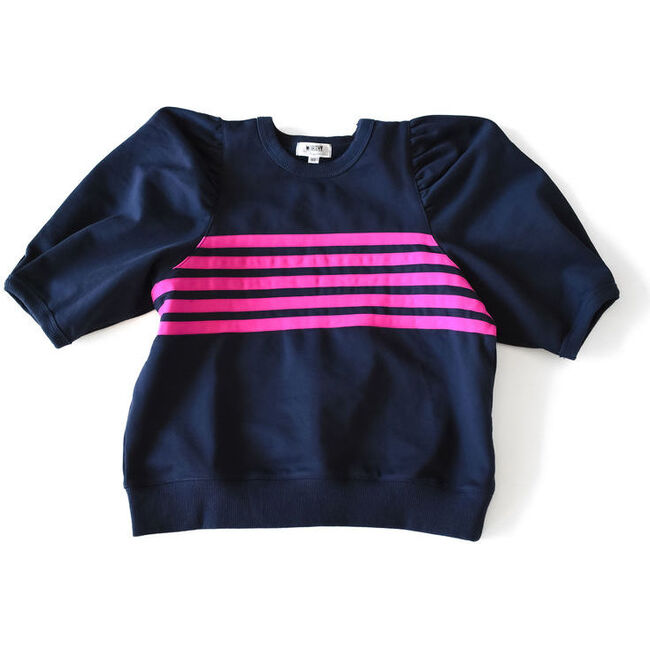Women's Puffed Sleeve Top With Neon Stripes, Navy And Magenta