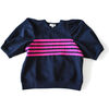 Women's Puffed Sleeve Top With Neon Stripes, Navy And Magenta - Loungewear - 1 - thumbnail