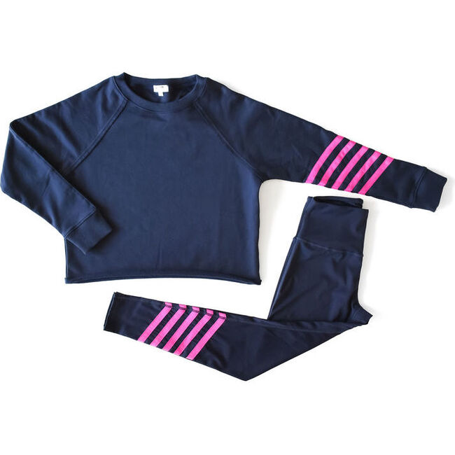 Women's Cropped Crew Neck With Neon Stripes, Navy And Magenta