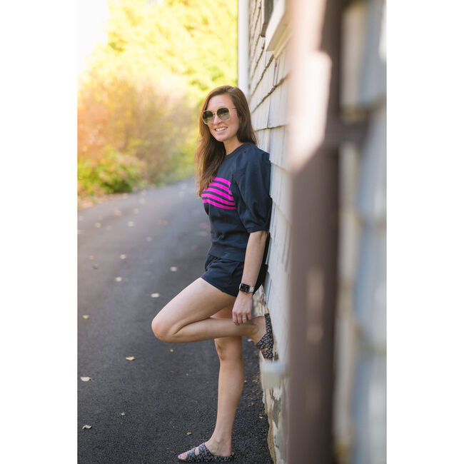 Women's Puffed Sleeve Top With Neon Stripes, Navy And Magenta - Loungewear - 2
