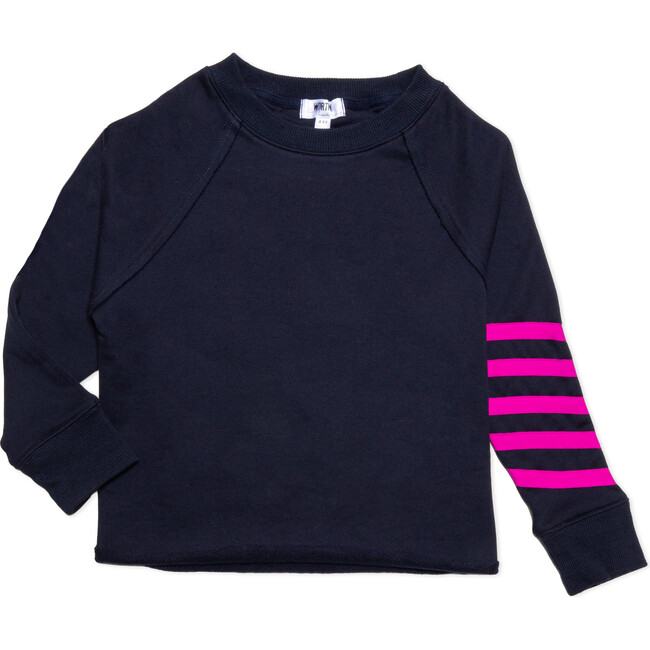 Cropped Crew Neck With Neon Stripes, Navy And Magenta